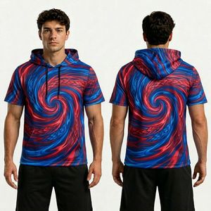 Camiseta Deportiva de Manga Corta con Capucha, Sublimada con Diseño Abstracto Azul Marino, en Poliéster con Tela Transpirable que Absorbe la Humedad - Product Image 4