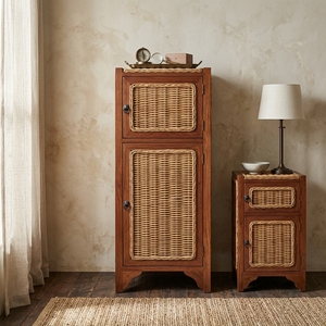 New Modern Minimalist Surabaya Wooden Storage Cabinet Natural Rattan Wicker 2 Doors Chest <b>Side</b> <b>Table</b> Storage Nightstand - Product Image 2