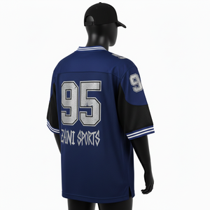 T-shirt 100 % coton pour homme, coupe ample, imprimé, maillot de football en maille épaisse, panneaux d'épaule gris marine, logo personnalisé thermocollé - Product Image 5