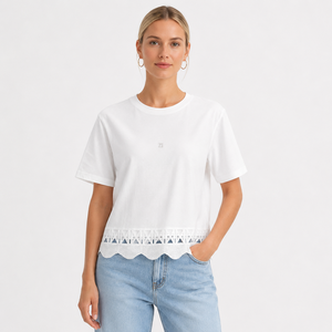 Camiseta Blanca con Dobladillo de Encaje Geométrico, Camisas de Mujer con Dobladillo de Encaje Festoneado Personalizado, Blusas de Verano Elegantes e Informales de Manga Corta con Cuello Redondo de Algodón - Product Image 1