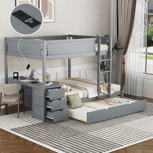 Letto a castello matrimoniale con letto estraibile singolo e scrivania, colore grigio, per bambini - Product Image 3