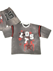 Ropa de calle de verano personalizada lavado ácido 100% algodón serigrafía pantalones cortos conjunto estilo Vintage Hip Hop Logo diseño Boxy camisetas gráficas - Product Image 3