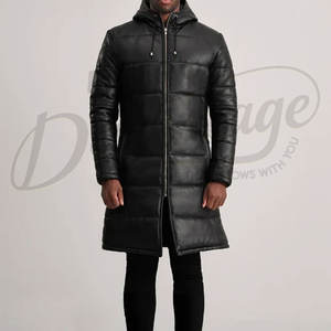 Abrigo Largo de Cuero para Hombre, Color Negro, con Capucha Desmontable, Acolchado, para Invierno, Cálido, con Relleno, Largo hasta la Rodilla, Parka Cortavientos - Product Image 1