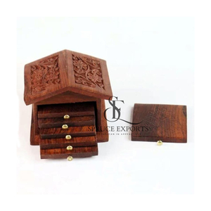 Handmade Wooden <b>Coaster</b> Set With Metal knobs Carved House Holder Box Unique Bulk Order For Kitchenware & <b>Table</b> Decoration - Product Image 1