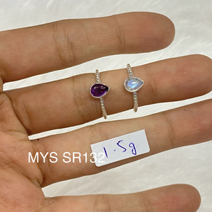 แหวนเงินแท้ 925 ประดับพลอยแอมเมทิสต์ทรงหยดน้ำและมูนสโตน ดีไซน์เรียบง่าย แหวนพลอยกึ่งมีค่าธรรมชาติ เครื่องประดับเงิน - Product Image 1