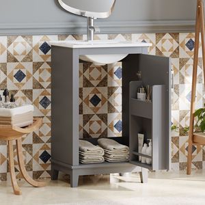 Mobile Bagno Moderno da 20 Pollici con 1 Anta a Chiusura Ammortizzata, 20*15.5*33.3 Pollici, Ampio Spazio Contenitivo, Lavabo in Ceramica - Video Prodotto - Product Image 2