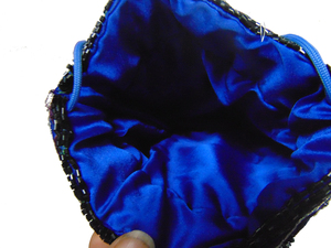 Blue Silk Embroidered Drawstring Bag Bohemian Style Daily Use Handmade Beaded Potli Bags Lowellcraft.com Cotton Lining - Product Image 4