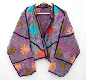 Veste traditionnelle indienne vintage Kantha avec broderie florale et rayures imprimées, veste en coton respirant pour femmes, automne - Product Image 3
