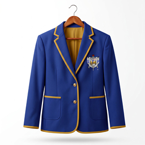 Blazer bleu à revers cranté avec garniture dorée, fermeture à bouton unique, coupe décontractée, manches longues, en polyester non tissé écologique - Product Image 3