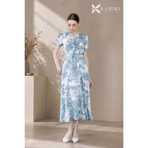 Vestido Maxi de Seda Azul Floral Elegante para Mujer, de Buena Calidad, con Manga Corta, Estampado Vintage, para Fiesta o Vacaciones - Product Image 1