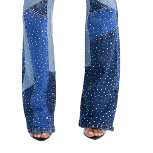 Womens Breathable Patchwork Denim Jeans Rhinestone <b>Studded</b> Straight Leg Mid Waist Casual Light Fashion Trendy Streetwear Modern - Product Image 5