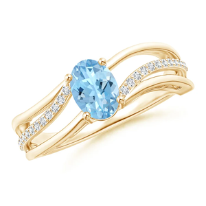 14K <b>Gold</b> Prong <b>Set</b> Oval Cut Solitaire Natural Aquamarine Bypass <b>Ring</b> with Diamond Accents Handmade Ready To Ship Engagement <b>Ring</b> - Product Image 1