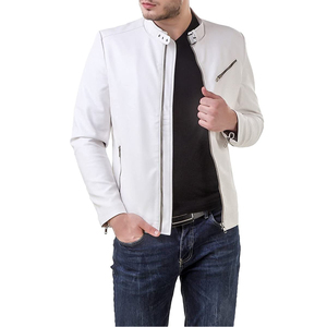 <b>Men's</b> <b>White</b> Genuine Leather <b>Jacket</b> - Slim Fit Stand Collar Biker Coat with Zipper Pockets - Product Image 5