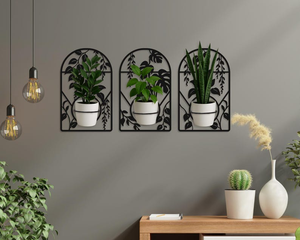 Supports muraux pour plantes en métal noir avec motif de feuilles botaniques décoratives, jardinières murales modernes pour salon - Product Image 4