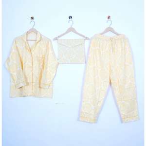 Nuevo Conjunto de Pijama de 3 Piezas de Algodón Floral Tejido para Mujer, Estilo Veraniego, Unisex, Transpirable, de Secado Rápido, Cintura Elástica, Mangas Largas - Product Image 1