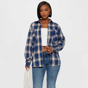 Chemise en flanelle à carreaux bleus pour femmes, manches longues, col rabattu, longueur intégrale, 100% coton, vêtements d'automne - Product Image 5
