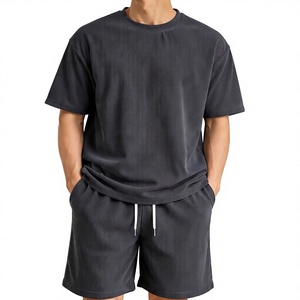 Men Solid Summer Breathable Waffle T-Shirt Set Ribbed Short Sleeve Crew Neck Casual Knit Tee and Shorts Front Logo Lounge Outfit - Product Image 6