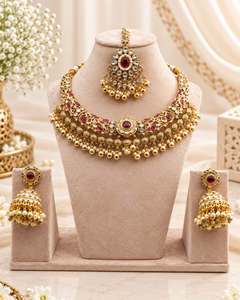 Gold Plated Collar Necklace With Jhumka Earrings & Mang Tika Wholesale Traditional <b>Indian</b> Jewelry <b>Set</b> Bridal Copper Jewelry <b>Sets</b> - Product Image 4