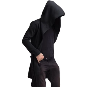 <b>Men's</b> <b>Long</b> Gothic Hooded Cardigan Solid <b>Black</b> Open Front Draped <b>Coat</b> - Product Image 2