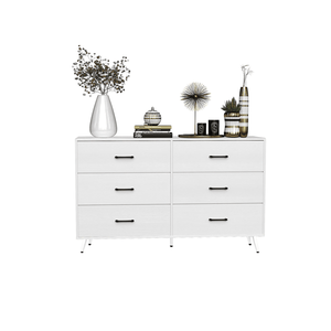 Comò bianco a 3 strati e 6 cassetti, a doppia fila, con gambe alte, rivestito in tessuto non tessuto, in truciolato, 133x40x84 cm - Product Image 1