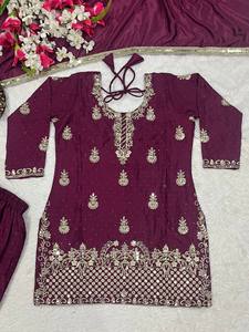 Présentation du nouveau ensemble haut-pantalon palazzo et dupatta de créateur pour les occasions spéciales, orné de sequins. - Product Image 5