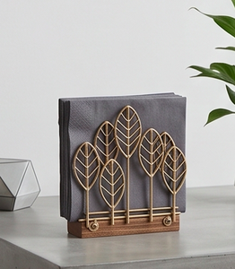 Elegant Leaf Design <b>Napkin</b> <b>Holder</b> With Wooden Base Golden Metal Tissue Stand For Dining Table Kitchen And Home Decoration - Product Image 2