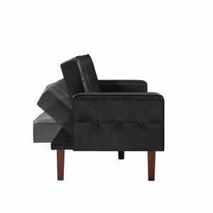Sofá Cama Doble Convertible Negro con Botones Decorativos, Tapizado en Cuero PU, Patas de Madera Extraíbles para Sala de Estar - Product Image 6