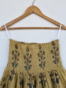 Premium Mustard Cotton Maxi Skirt Floral Hand Printed Smocked Waist Multi Tier Flared Summer Holiday Beachwear for Women - Product Image 2