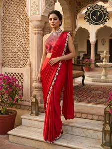 Sari long élégant en soie mélangée rouge orné de motifs, avec bordure florale de créateur, idéal pour les mariages et les occasions festives - Product Image 1
