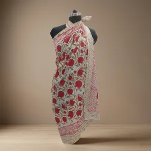 Écharpe Sarong en Coton Imprimé à la Main Motif Floral Grenade Rouge, Bordure Géométrique, Légère, Réversible, pour Femme - Product Image 3