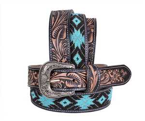 Premium <b>Western</b> Embroidered <b>Belt</b> With Turquoise Beaded Pattern Silver Alloy Buckle Casual Durable Handcrafted Leather <b>Belt</b> - Product Image 1
