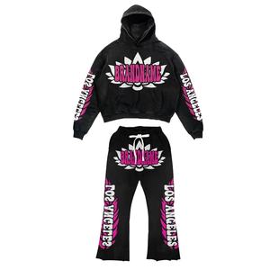 Personnalisé Vintage Acid Wash Imprimer Hiver Léger 2 Pièces Survêtement Hommes Unisexe Plus La Taille Jogger Costume À Capuche Shorts Survêtement Ensemble - Product Image 1