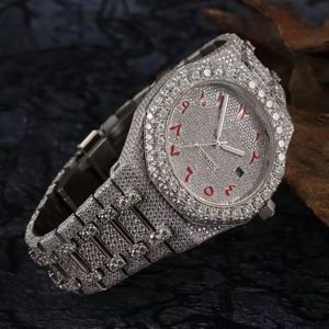 Reloj de Lujo para Hombre, Completamente Adornado con Diamantes, Automático, con Números Arábigos, Esfera Roja, Acero Inoxidable, Resistente al Agua, con Fecha, para Negocios - Product Image 3