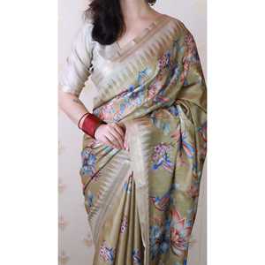 Dusty Gold Soft Tussar Silk Scarf Nature Printed Zari Woven Saree - Product Image 4