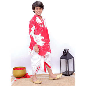 Conjunto de Kurti y Dhoti de Algodón con Estampado de Margaritas Rojas y Blancas para Fiestas de Niñas - Product Image 5