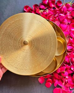 Antique Style Brass Masala Dabba with 7 Spice Containers Spoon Handmade Kitchen Storage <b>Box</b> OEM ODM Bulk Manufacturer India - Product Image 2