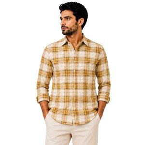 Chemise à manches longues pour homme en coton à carreaux beige moutarde doré, décontractée, boutonnée, personnalisable, vente en gros, vêtements de mode - Product Image 1