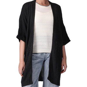 Cardigan noir tricoté pour femme, tendance, manches longues dolman, col rond, couleur unie, décontracté, maille ouverte, toutes saisons - Product Image 1