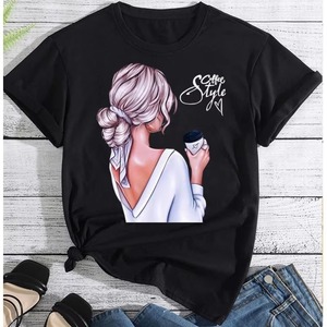 T-shirt blanc imprimé pour femme, col rond, manches courtes, décontracté, en coton, impression numérique, tissu jersey, pour le printemps et l'été - Product Image 5
