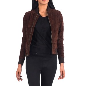 Women Chocolate Brown Genuine Suede <b>Leather</b> Bomber <b>Jacket</b> Slim Fit Premium Goat Suede Casual Winter Outerwear Fashionable Coat - Product Image 1