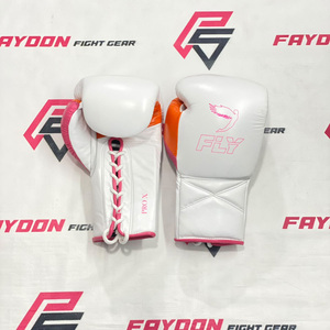 Nouvel ensemble de boxe professionnel en cuir véritable blanc/orange/rose, fait main, avec gants à lacets et casque de protection pour l'entraînement - Product Image 2