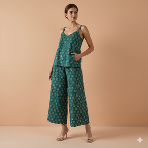 Ensemble de salon à fleurs vertes et blanches pour femmes, camisole et pantalon de pyjama décontracté avec poches. - Product Image 2