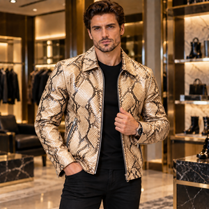Mens Beige Snake Print <b>Leather</b> <b>Jacket</b> Luxury Python Embossed Genuine <b>Leather</b> <b>Biker</b> <b>Jacket</b> Custom Zipper Motorcycle Coat Silk - Product Image 5