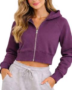 Sweat-shirt à capuche court zippé pour femme, manches longues, décontracté, en molleton doux, style streetwear, couleur prune, tendance automne-hiver - Product Image 1