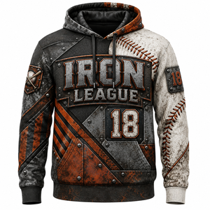 Sudadera con Capucha de Béisbol Iron League 18, Sudadera para Hombre, Estampado por Sublimación, Ropa Deportiva, Diseño Unisex para Adultos - Product Image 1