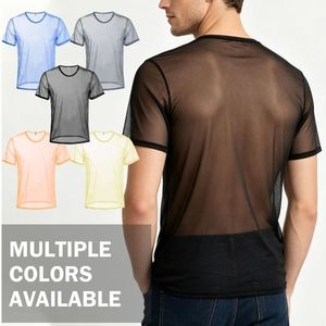 Chemises en maille micro-tricotées ultra-transparentes noires à manches courtes, coupe moderne minimaliste, style streetwear, effet résille - Product Image 2