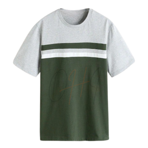 Camiseta de algodón bicolor para hombre con panel de rayas en el pecho, ecológica, transpirable, de secado rápido, informal, de manga corta y cuello redondo, holgada. - Product Image 1