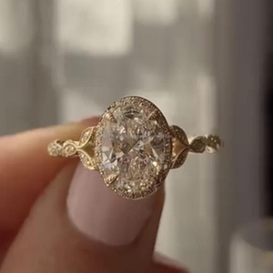 Vintage 2.5 CT Oval Cut Moissanite Halo Engagement Ring 925 Silver Gold Plated Minimalist Nature Inspired Style Wedding Ring - Product Image 3