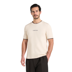 T-shirts pour hommes à col rond et manches courtes, avec bordure contrastante sur le col et les poignets, petit imprimé sur la poitrine, coupe classique, vente en gros, personnalisation OEM, en jersey de coton - Product Image 3
