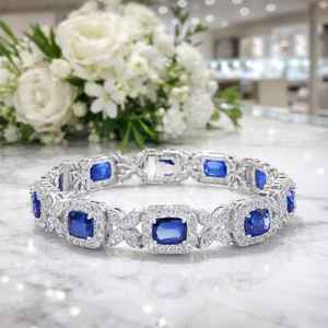 Pulsera de compromiso y boda de zafiro natural, corte cojín, oro blanco de 18 quilates, VS1, gema azul de lujo, regalo para mujer - Product Image 4